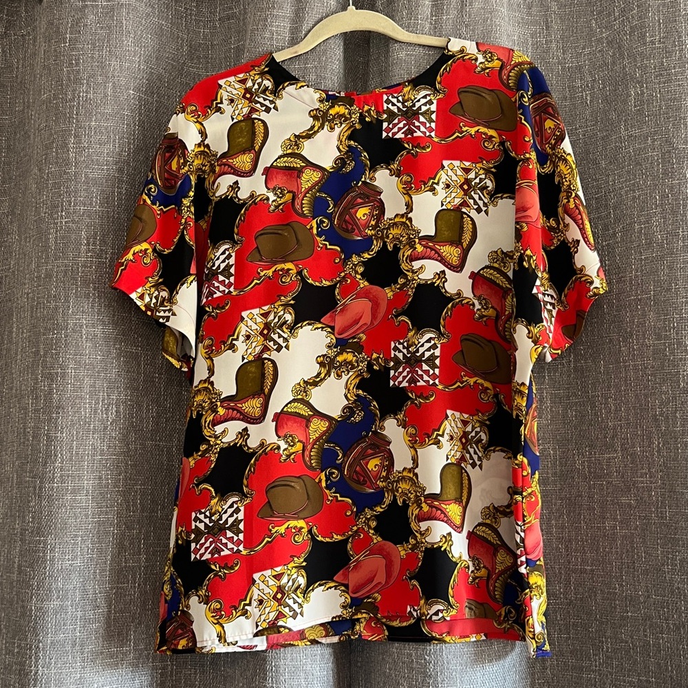 Vintage colorful short sleeve silky blouse with cowboy hats & saddles - Large
